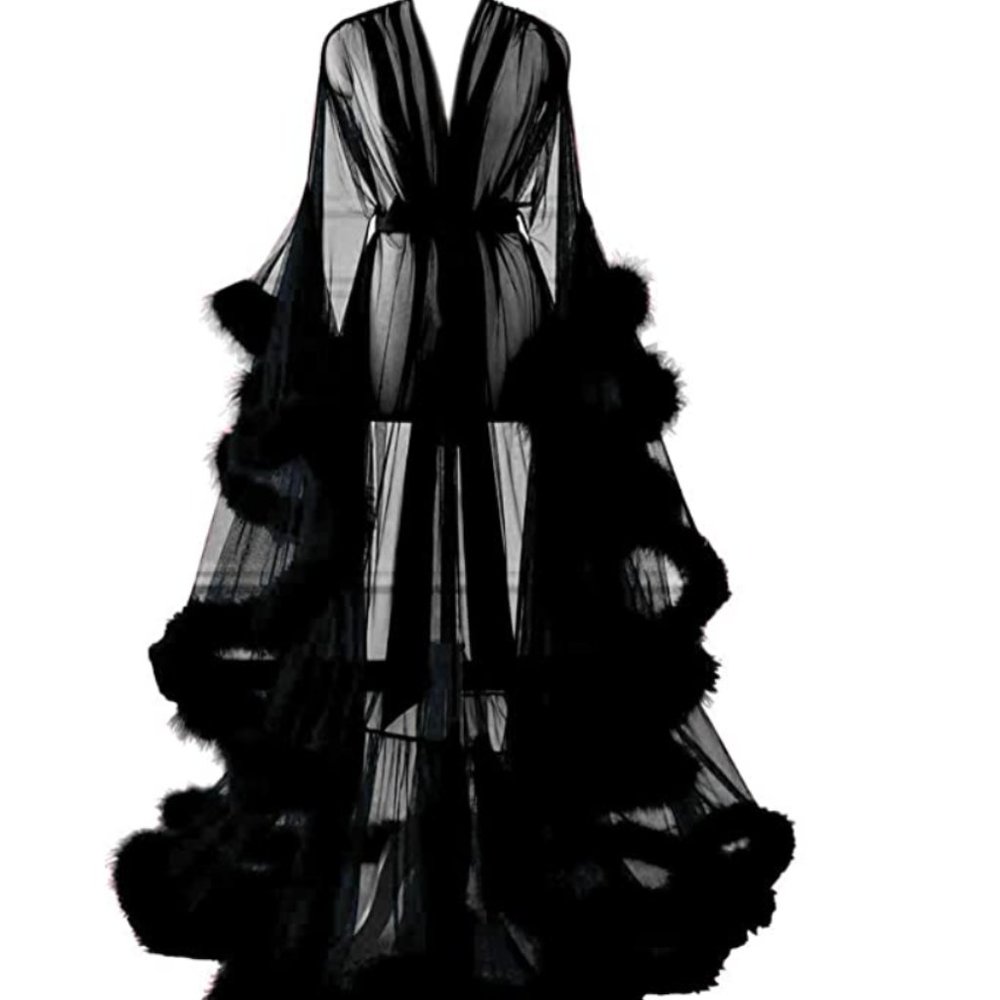 Old Hollywood Sheer Black Glamour Robe with Faux Fur Trim